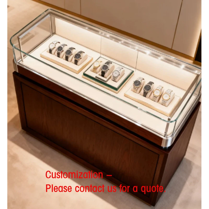 custom.Luxury Wood Watch Display High End Custom Showcase with Glass Top & Wood/Leather Base LED Lighting Luxury Retail