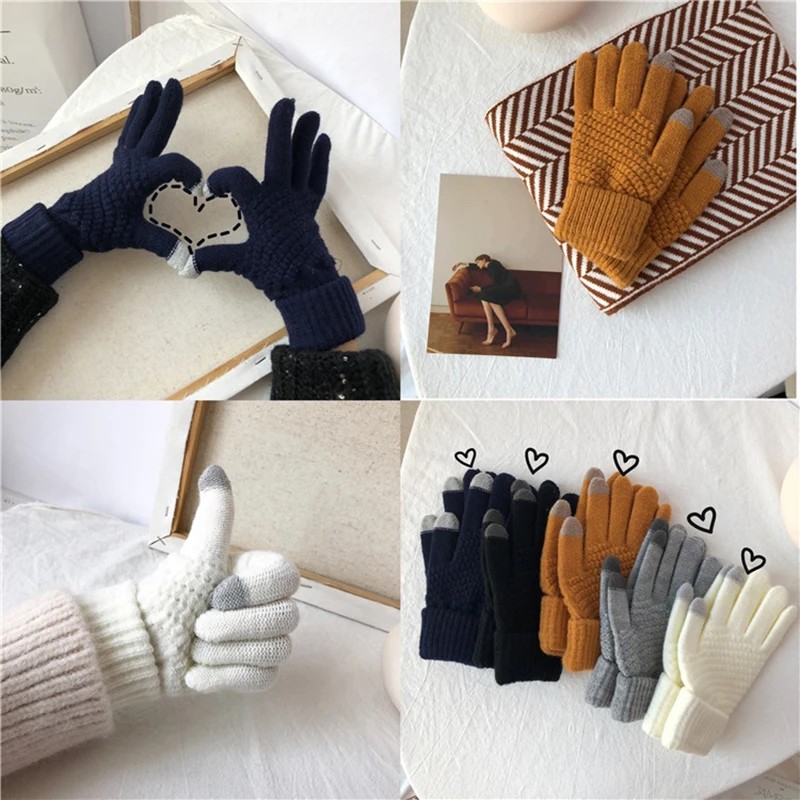 Guantes de lana cálidos para hombres y mujeres, manoplas de punto gruesas para pantalla táctil, calentador de paseo de esquí al aire libre, a prueba