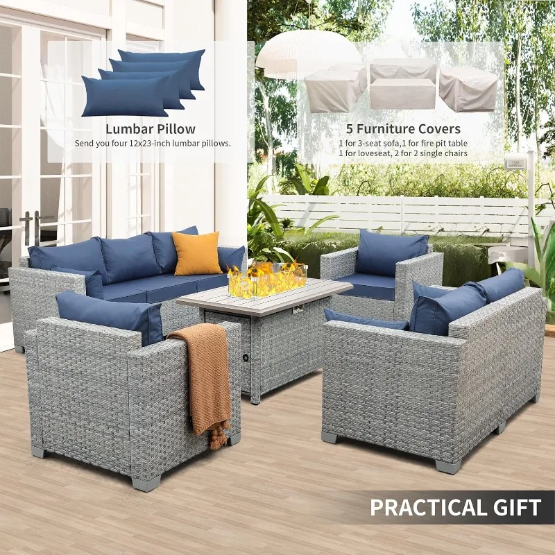 Patio Sectional Sofa Couch Sets Backyard D Patio Furniture Set 5 Piece Grey Wicker Outdoor Furniture with Fire Pit Table