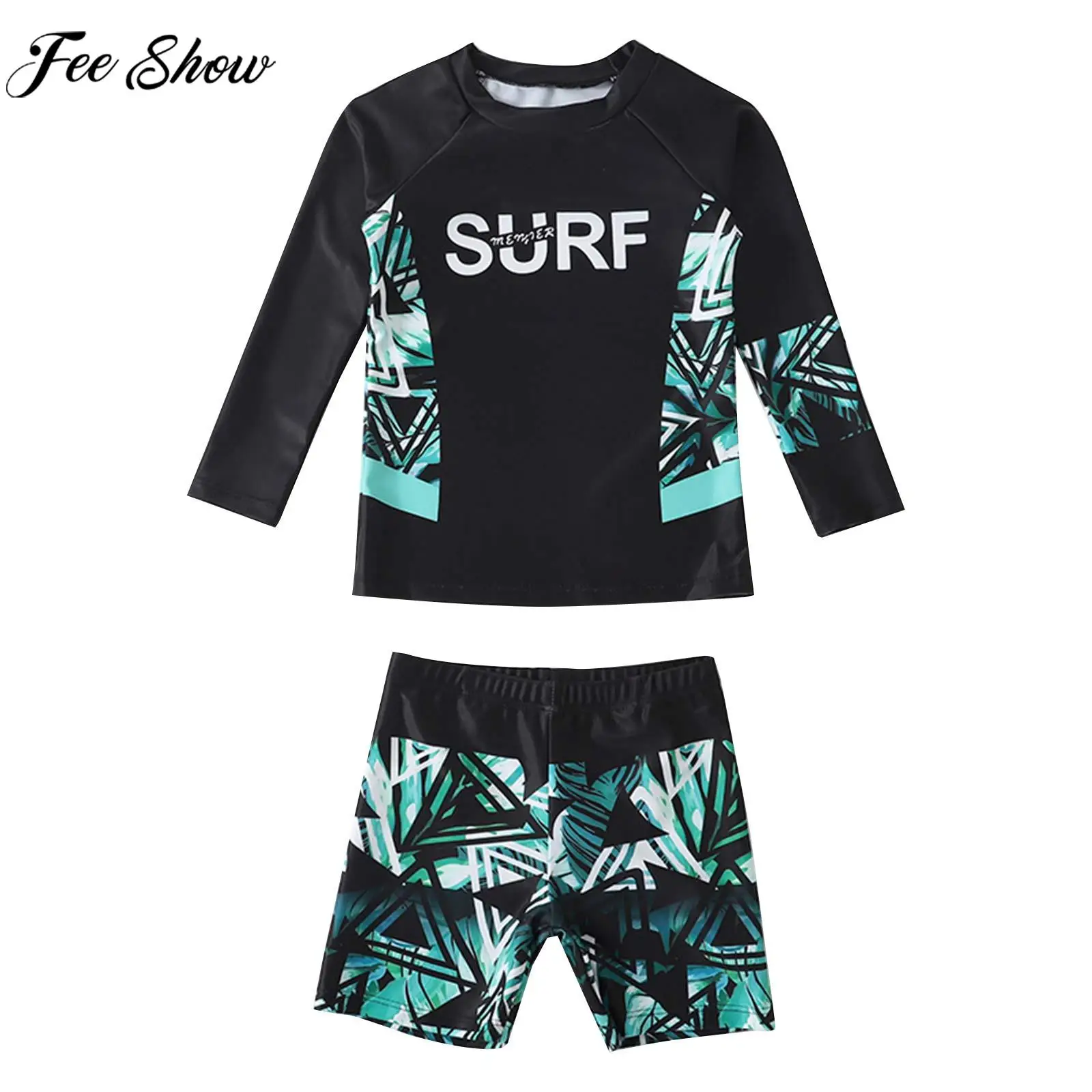 Little Boys Print Swimsuit Wetsuit Rash Guard Long Sleeve Top with Shorts Set Bathing Suit Swimwear Surfing Clothing Beachwear