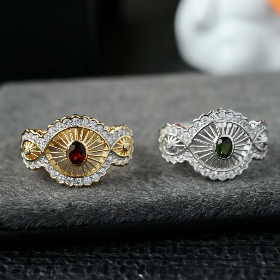 Ables Chic Natural Garnet Diopside Lace Flower 18K Gold Tone Solid 925 Silver Paved Halo Adjustable Ring 6433