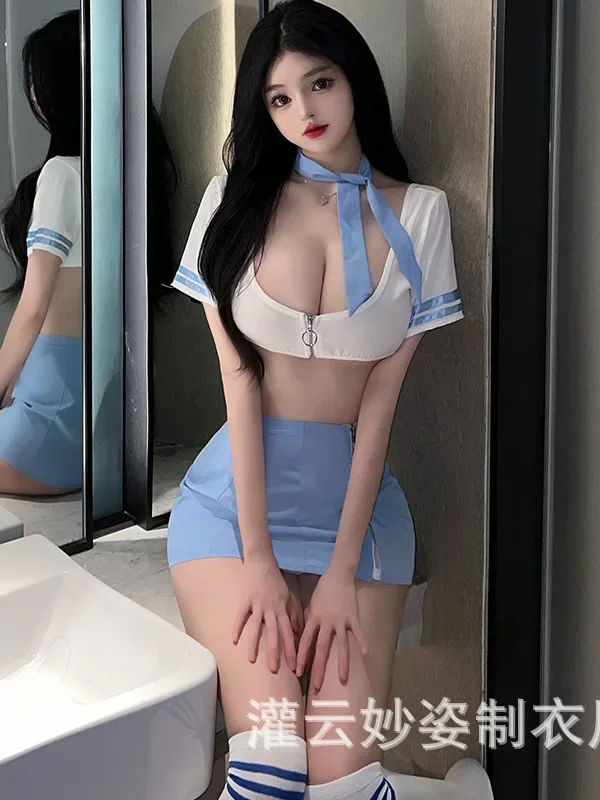 Blauwe jurk elegante nieuwe vierkante kraag T-shirt lingerie pittig meisje korte jurk begeleider student matrozenuniform hot sexy tops