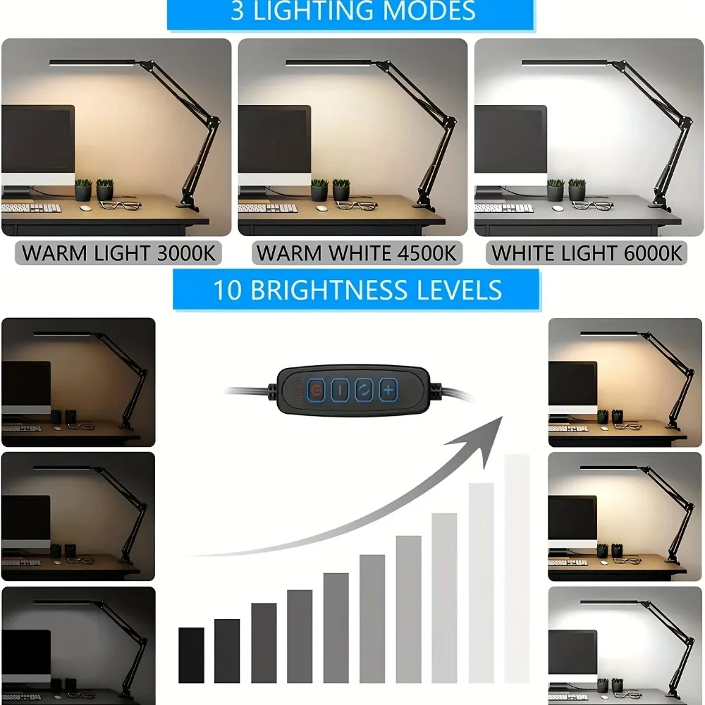 LED Desk Lamp for Home,Reading,Adjustable Eye-Caring Desk Light with Clamp, 3 Color Modes,10 Brightness Table Lamps 4