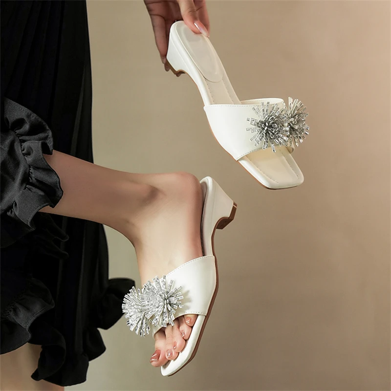 

Eilyken New Fashion Crystal Flower Low Heels Women Slippers Summer Comfortable Square Toe Party Dress Slide Shoes