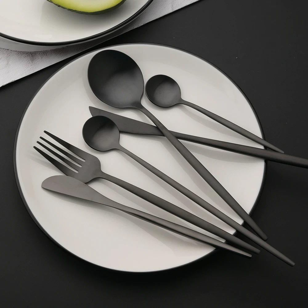 Matte 6Pcs Black Dinnerware Cutlery Set Stainless Steel Flatware Set Kitchen Silverware Ice Spoon Fork Dessert Knife Tableware