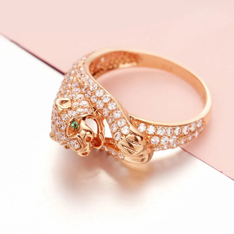 

585 purple gold plated 14K rose gold inlaid with diamonds Leopard head rings for women classic sparkling domineering jewelry