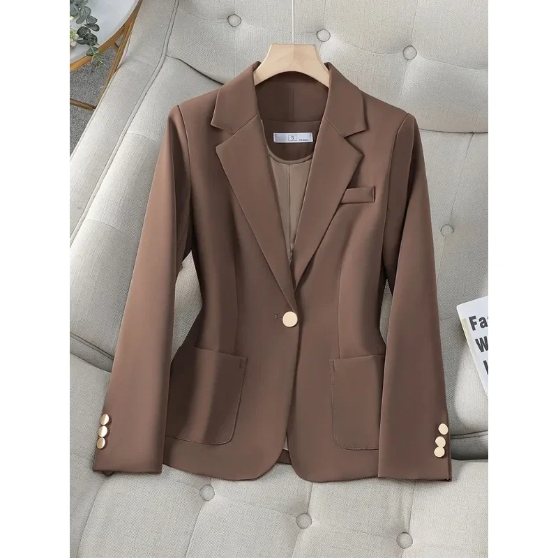 Fashion Ladies Blazer Women Jacket Apricot Coffee Black Long Sleeve Single Button Female Business Work Wear Slim Formal Coat