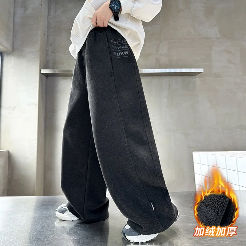 

2025 Children Fleece Sweatpants Korean Style Girls Casual Wide-leg Pants Autumn and Winter Boys Loose Sports Pants Kids Clothes