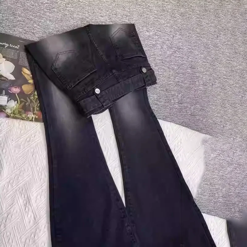 

Облегающие женские джинсовые брюки с высокой талией, тонкие осенние модные универсальные брюки 2023, женские новые шикарные черные расклешенные брюки