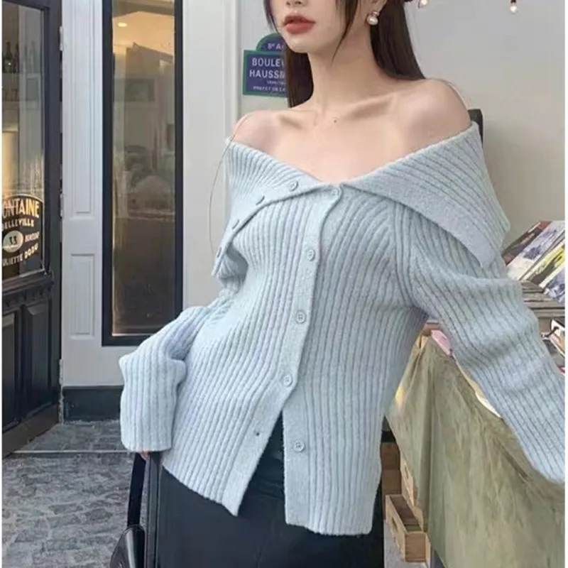 2024 Autumn New Fashion Irregularity Lapel Off-the-shoulder Leisure Style Elegance Knitwear Cardigan Sweater for Women