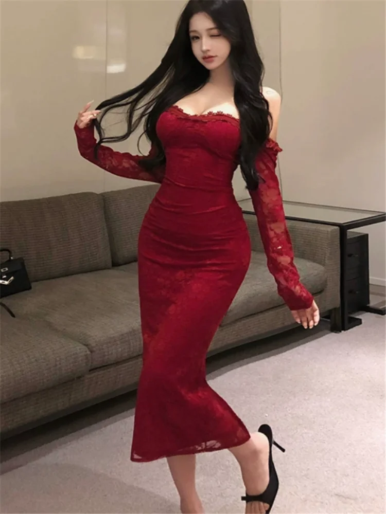 Elegant French Women Red Lace Dress Off Shoulder Long Sleeve Pencil Midi Dress Strapless Slash Neck Tight Cocktail Party Dress