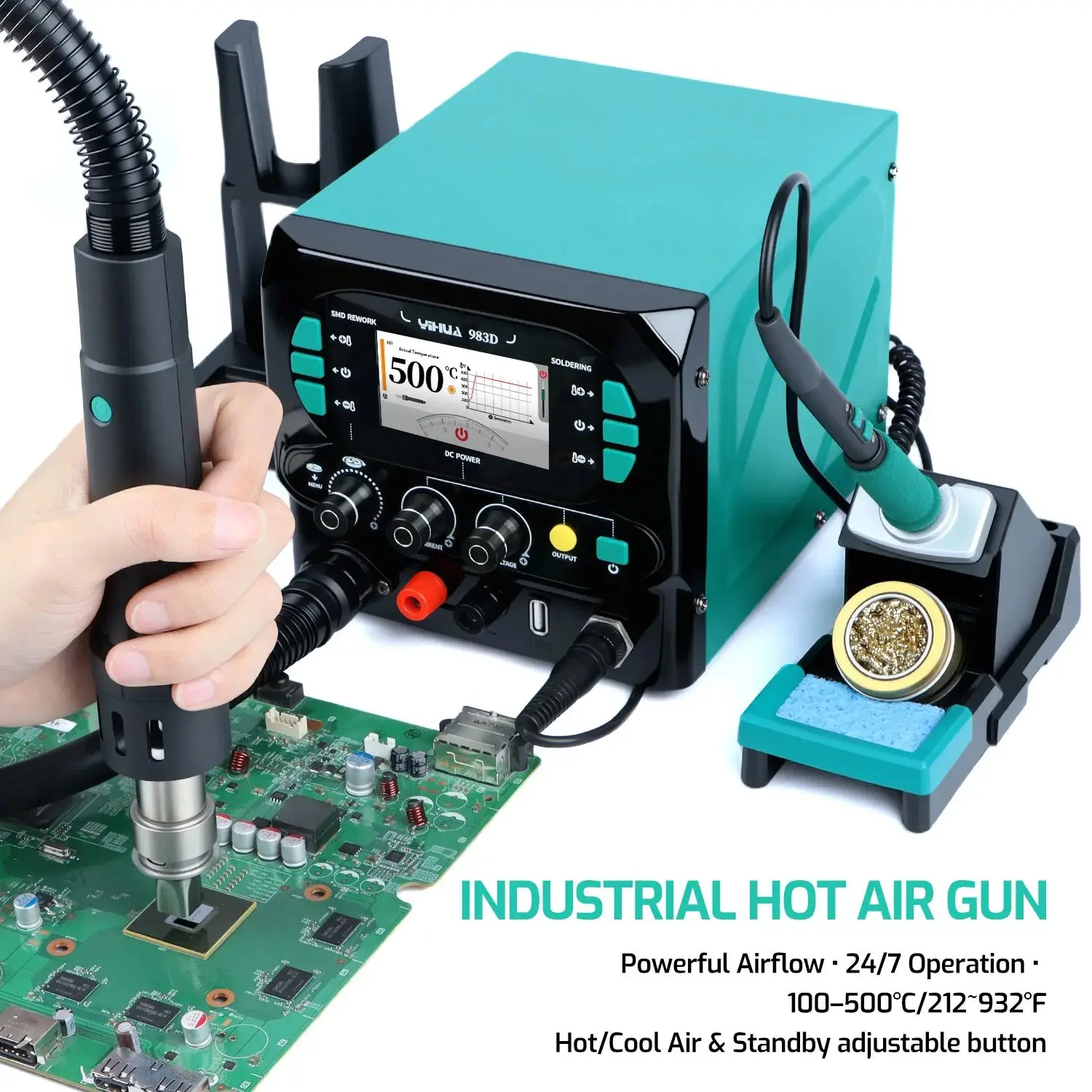 

YIHUA 983D Precision Soldering Station 3-in-1, 1100W Hot Air Gun Pump, C210 C245 Solder Iron, 70W 3.5A 20V DC Power Supply