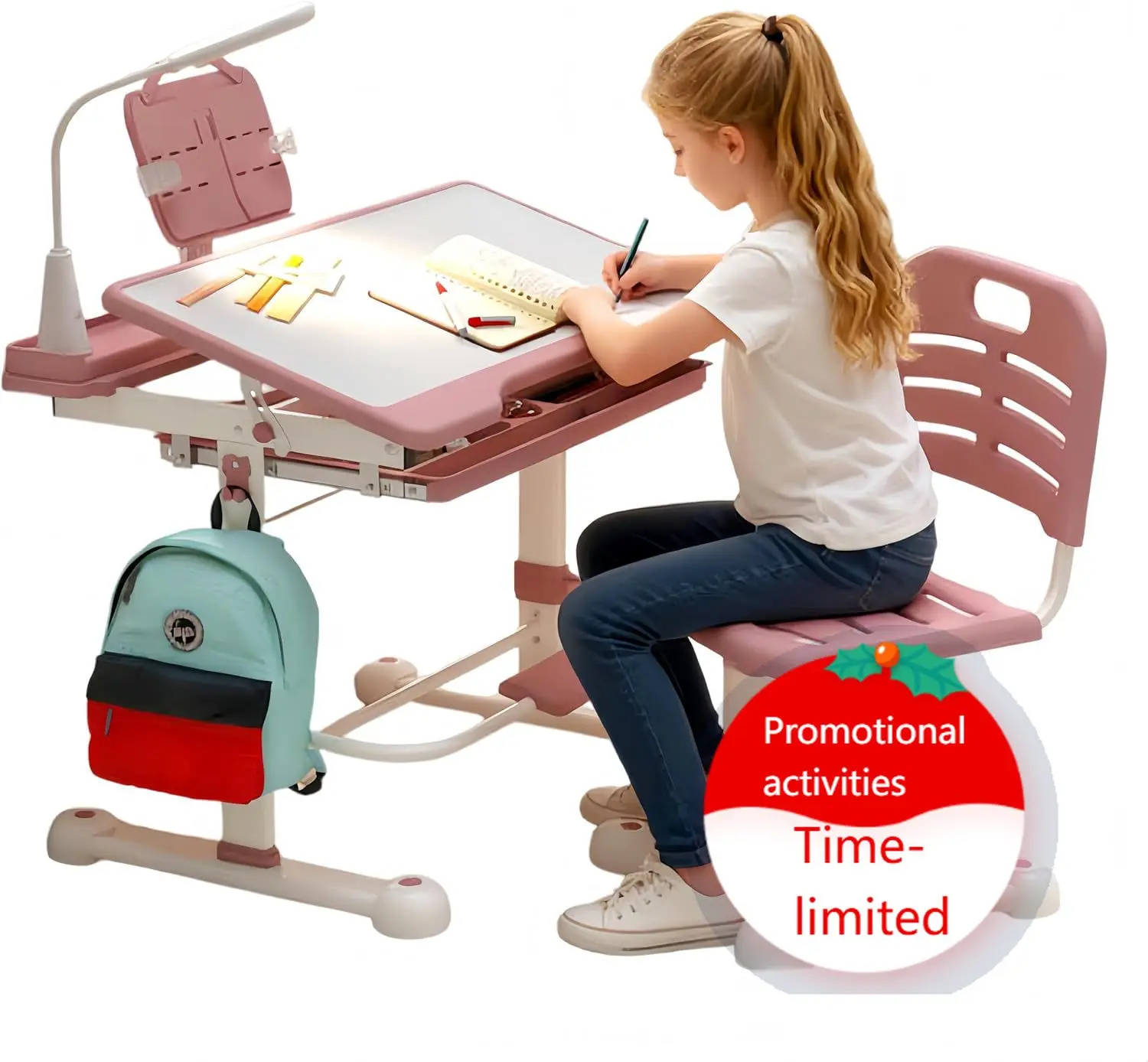 

Kids Desk and Chair Set, Ergonomic Height Adjustable School Study with Tilt Desktop, 3 Modes&3 Brightness LED Light,Storage Draw