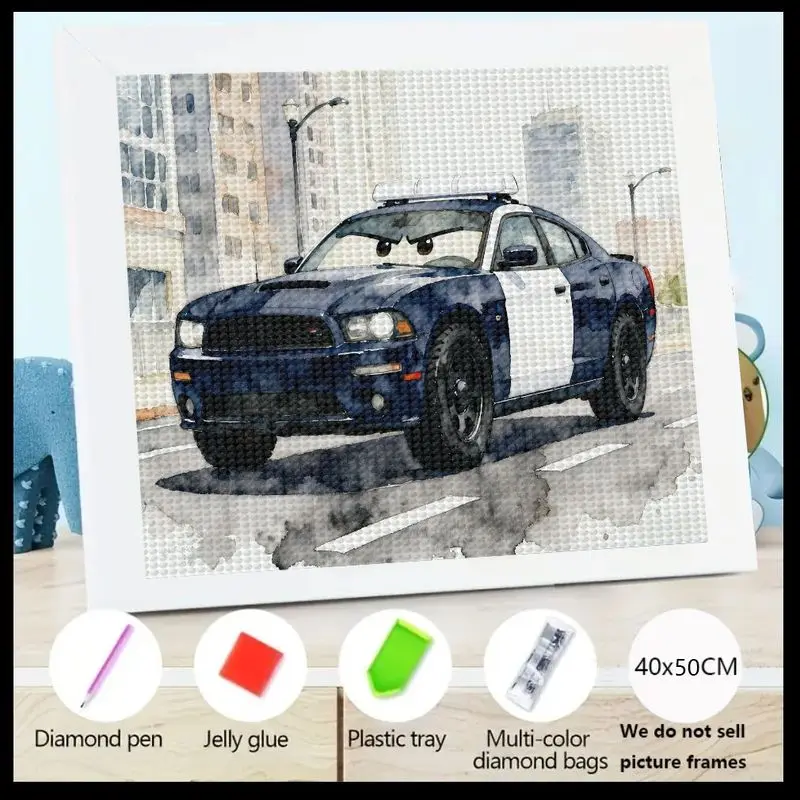 

1PC Children's Adults 5D DIY Full Drill Diamond Painting Kit, Cute Cartoon Police Car Vehicle Art, Watercolor Style Big Gem Diam