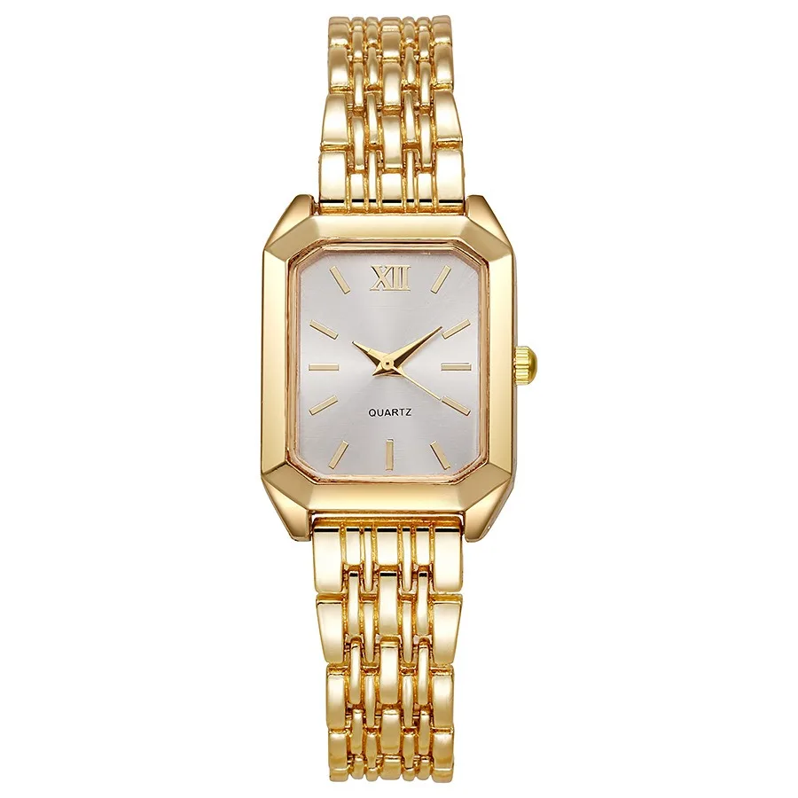2pcs/set Women's Watches Set Light-luxury Alloy Band Business Ladies Quartz Wristwatches Square Gold Plated Folding Female Clock