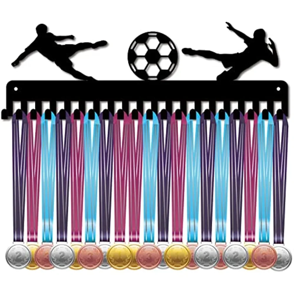 Soccer Medal Holder Display Hanger Rack Sports Metal Wall Mount with 20 Hooks Hang Runners Home Running Marathon Gymnastics