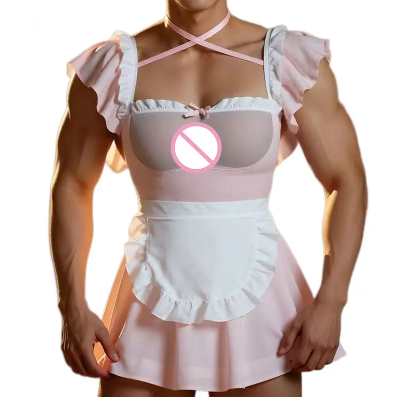 Pink Rabbit  sexy porno lingerie See-through Expose chest Male Servant role-playing costumes bundle crotchless Uniform sex suit