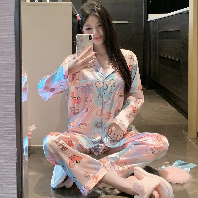 

Harajuku Style Long Pajamas Set Cartoon Print Kawaii Autumn Winter New Sleepwear Pajamas Set Fashion Casual Women's Loungewear