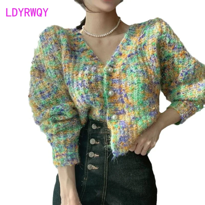 Autumn Age Reducing Single breasted Rainbow Candy Mixed Color Knitted V-neck Cardigan Sweater Coat Female Sweaters