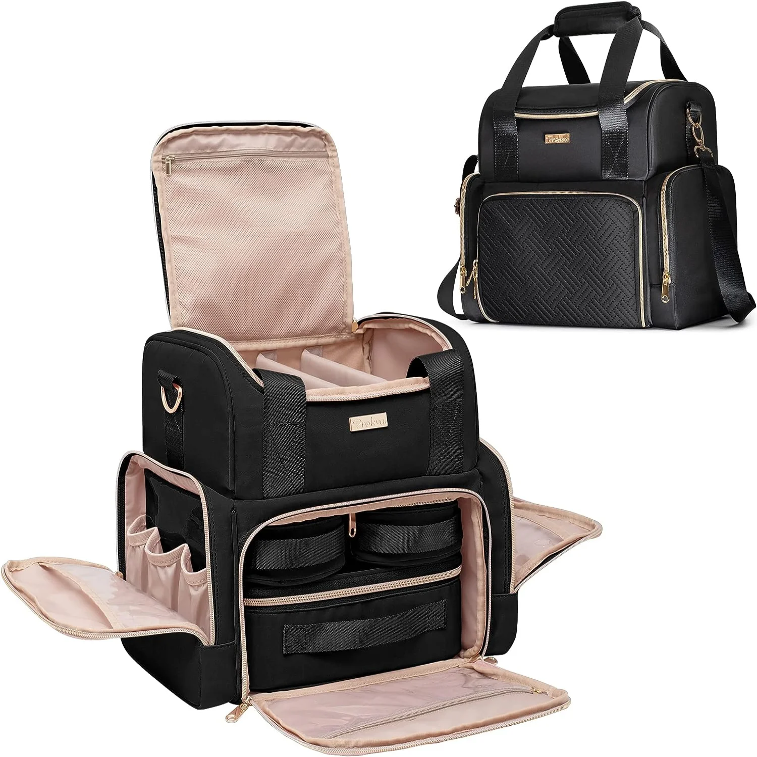 

Prokva Large Makeup Cosmetic Bag with 3 Removable Cases: Travel Makeup Organizer with Dividers & Brush Storage Section