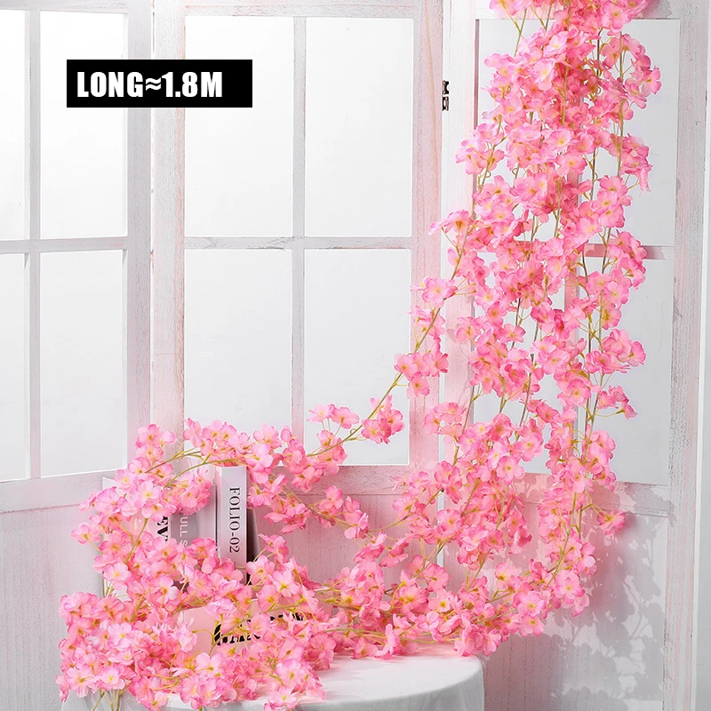 180CM Artificial Sakura Flowers Vine Wedding Garden Rose Arch Home Party Decoration Christmas Bridal Fake Silk Scrapbook Plants