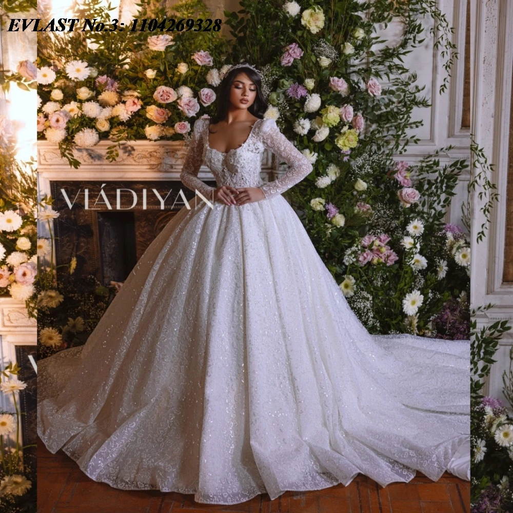 

EVLAST Customized Romantic A Line Wedding Dress Long Sleeve Lace Applique Crystal Beaded Bridal Gown Vestidos De Novia E3WA65