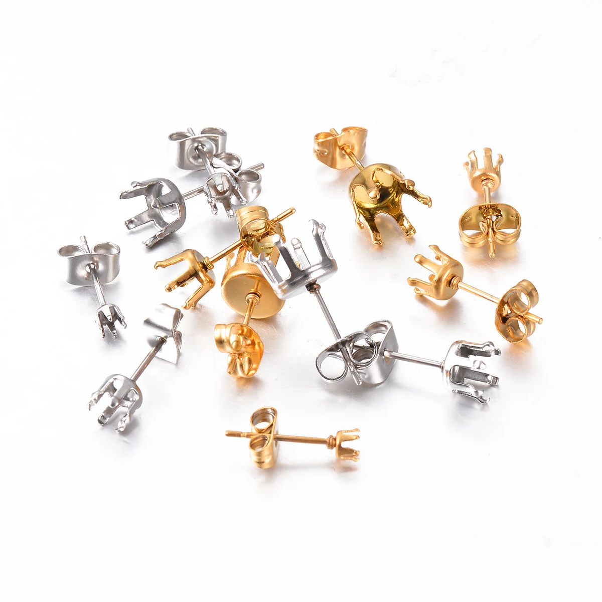 100Pcs 3-8mm Round Stainless Steel Silver Gold Colour 6-claw Bottom Accessories Connector for Women\'s Earrings DIY Making