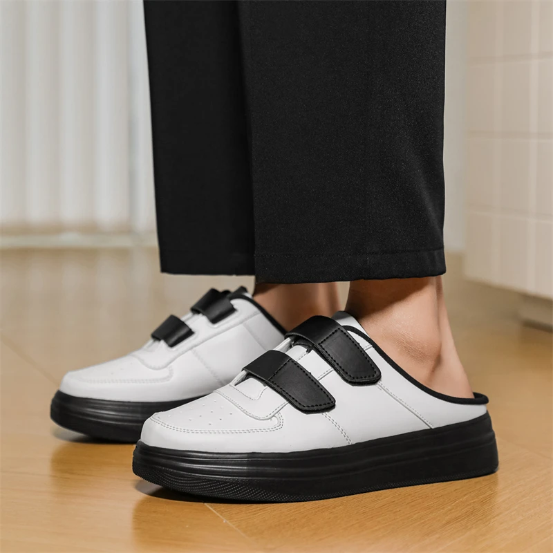 Men Backless Mule Sneakers Double Velcro Slip‑On Half Slide Slippers Casual Platform White Black Male Shoes Large Size 39‑48