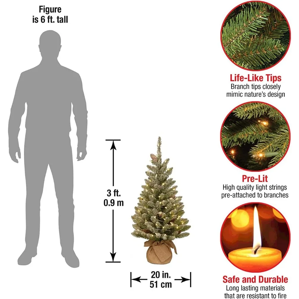 Pre-lit Artificial Mini Christmas Tree | Includes Small White LED Lights and Cloth Bag Base | Snowy Concolor Fir Burlap - 3 ft