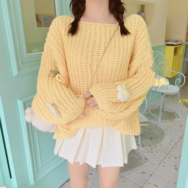 Kimotimo 2024 Autumn Winter 3D Flowers Sweater Women O-neck Loose Soft Kawaii Knitted Pullover Sweet Lazy Style Long Sleeve Tops