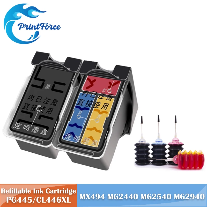 

PG445 CL446 PG-445XL CL-446XL Refillable Ink Cartridge for Canon 445 446 Pixma MX494 MG2440 MG2940 MG2540 MG2540S IP2840 MG2545