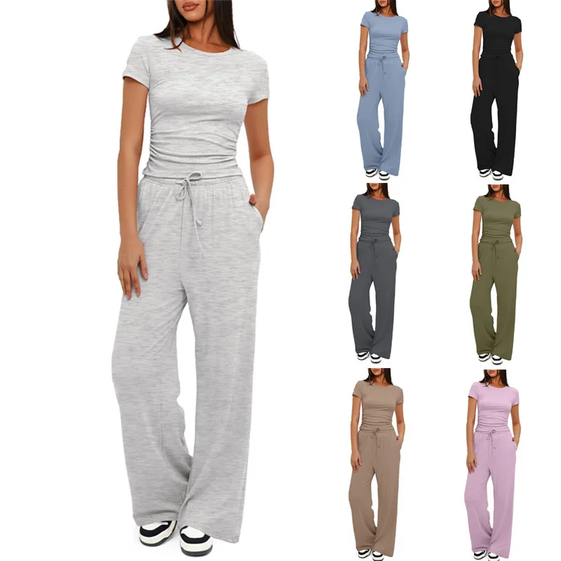 

Solid Color Casual Suit Pleated Short Sleeved Top,High Waisted Wide Leg Pants, Sportswear