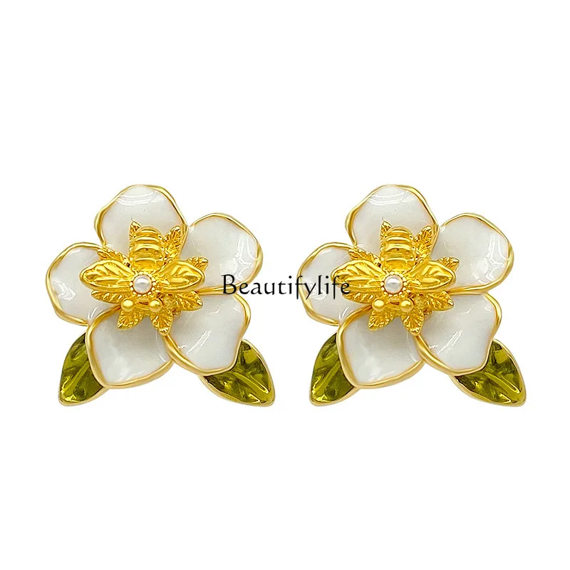 

Retro little bee honey flower earrings drip glaze temperament simple