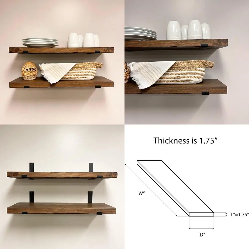 أرفف ريفية مع مجموعة أقواس J مكونة من 2، رف صناعي، أرفف مطبخ، خشب متين، تخزين حائط مزخرف، شديد التحمل، URB