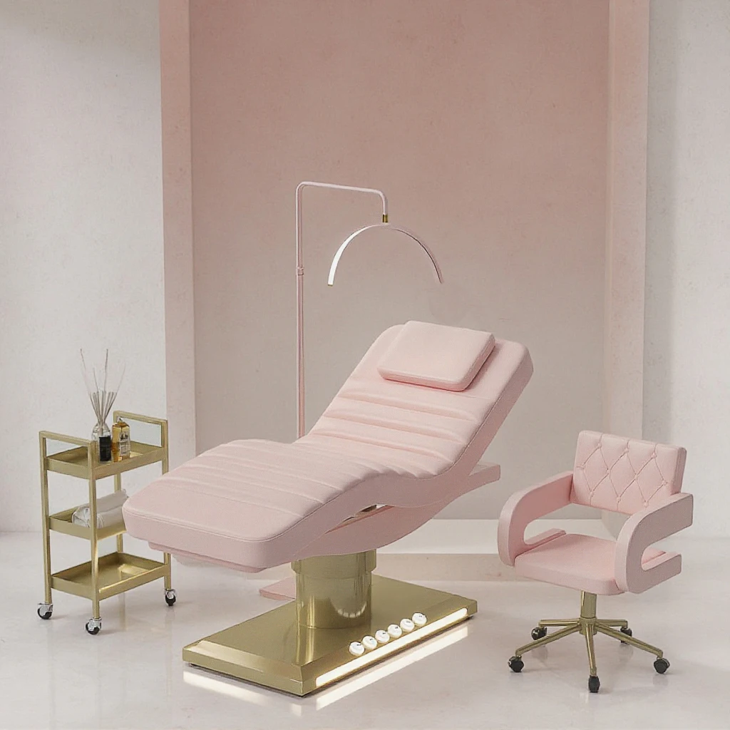 سرير الوجه الكهربائي الاحترافي الفاخر من الفولاذ المقاوم للصدأ باللون الذهبي 3 محركات سبا صالون سرير طاولة تدليك التجميل سرير التجميل