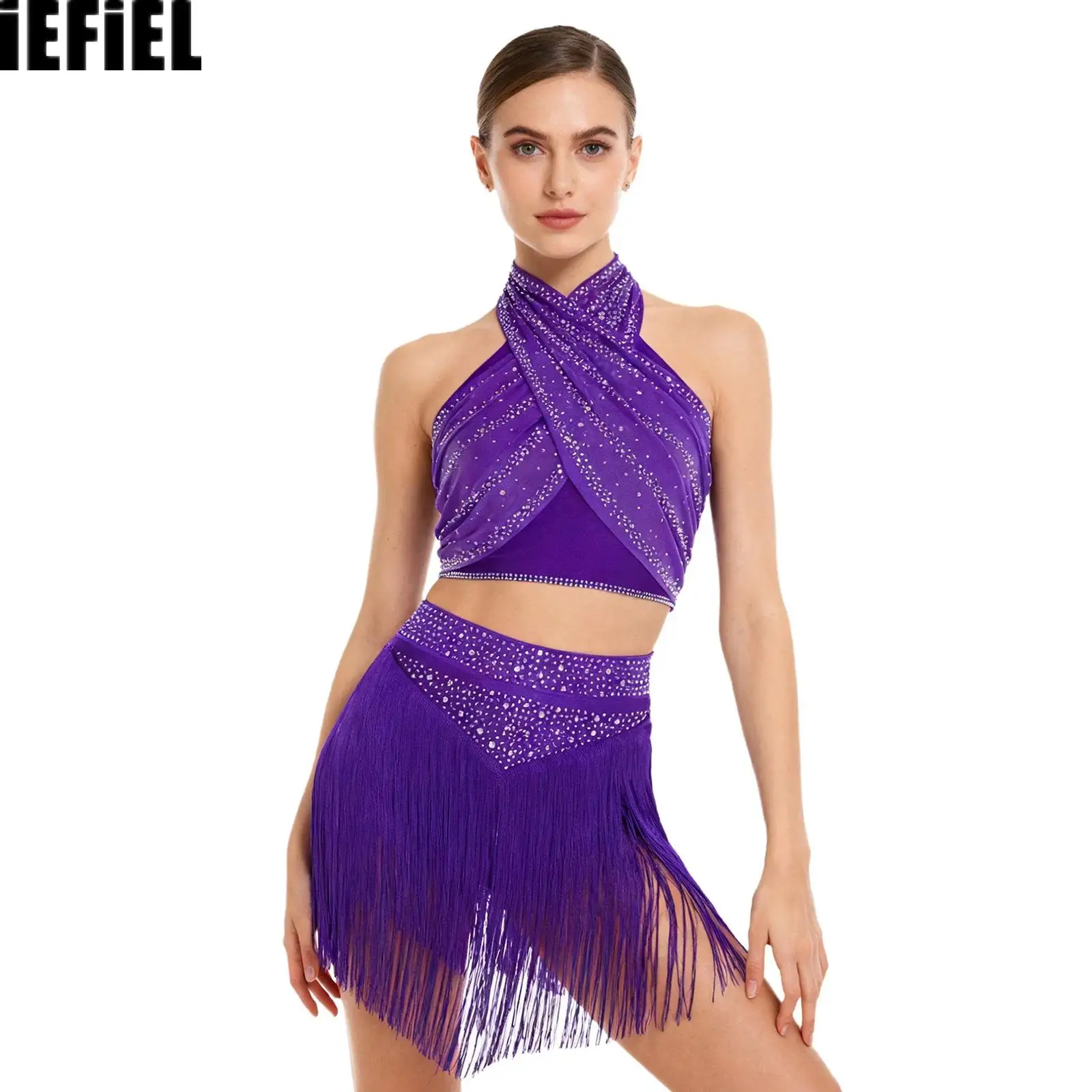 여성용 차차 댄스 의상, 홀터 백리스 반짝이는 주름 크롭 탑과 티어드 태슬 스커트, 라틴 댄스 벨리 댄스용 내장형 반바지 포함