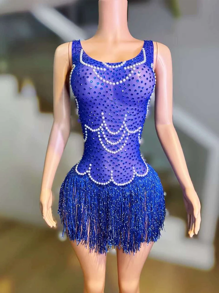 

Sexy Blue See Through Elastic Mesh Women Party Jumpsuit Shining Crystals Club Bar DJ Stage Wear Sing Dacne Performance Costume