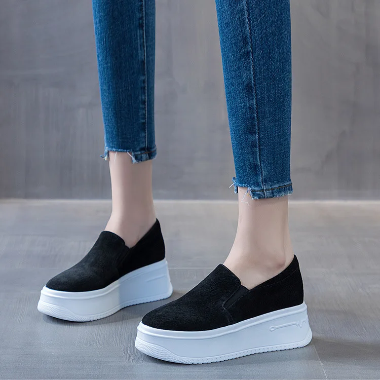 Sepatu mokasin Platform musim semi, sepatu loafer wanita kasual Chunky bersirkulasi flat Wedge Platform musim gugur kulit asli 8CM