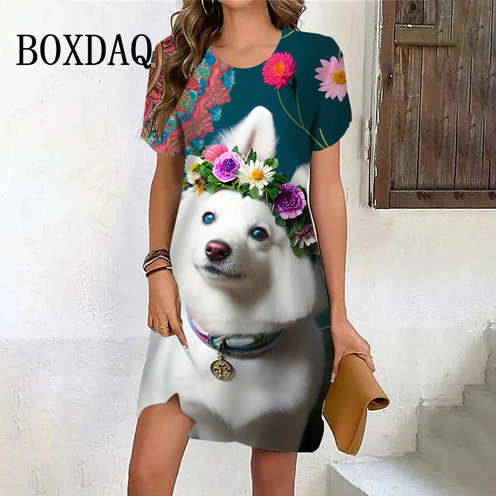 2024 Summer Women Funny White Pet Dog Pattern 3D Printing Dress Casual Fashion Cute Short Sleeve Round Neck Kawaii Party Dresses