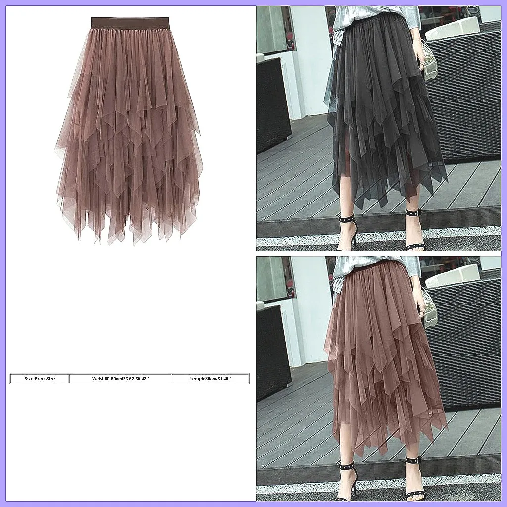 Elegant Mesh Tutu Skirt for Women - High Waist, Irregular Hem A-Line Long Skirt