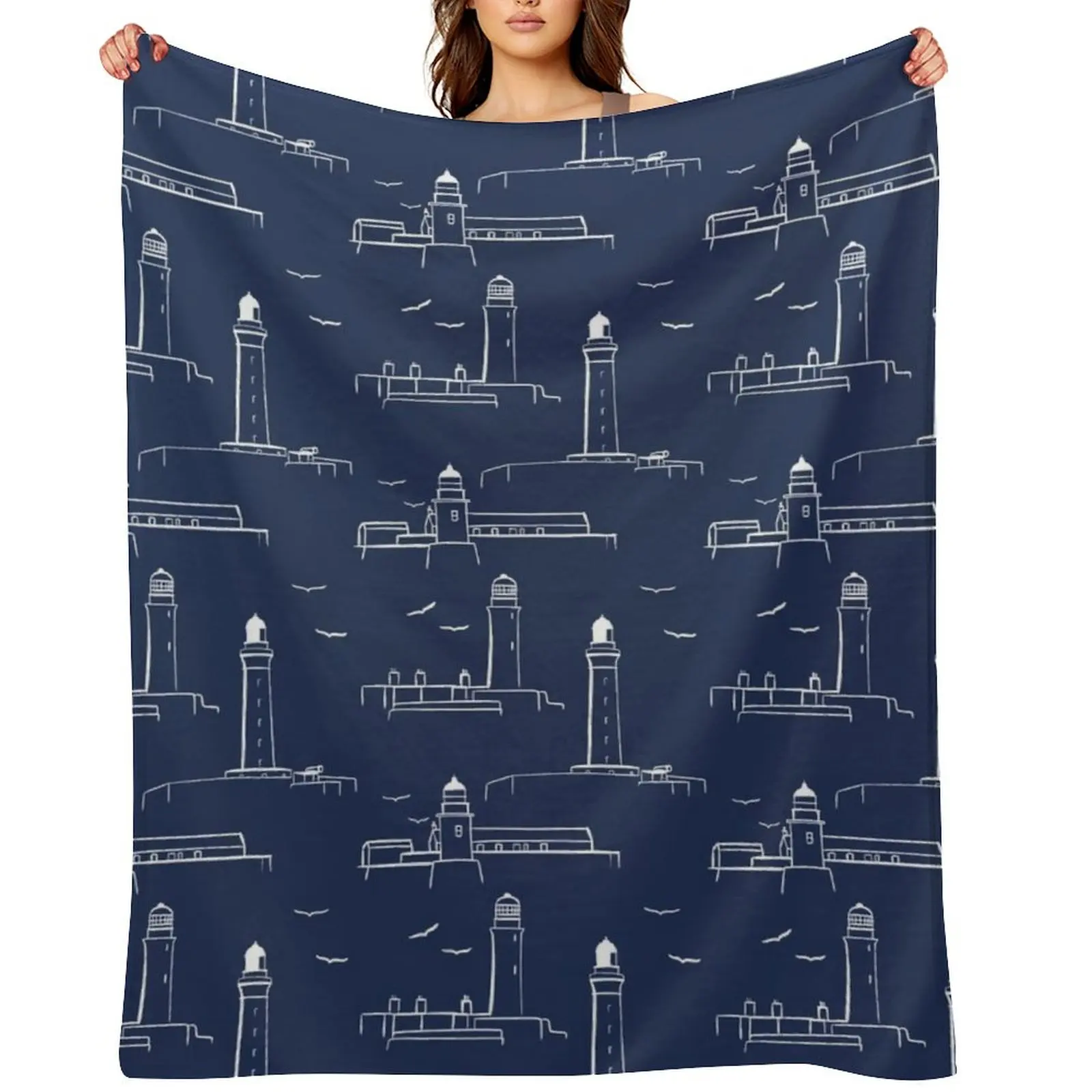 

Lighthouses Pattern Version 2 - White on Dark Blue Throw Blanket cosplay anime Baby Softest Bed Fashionable Blankets