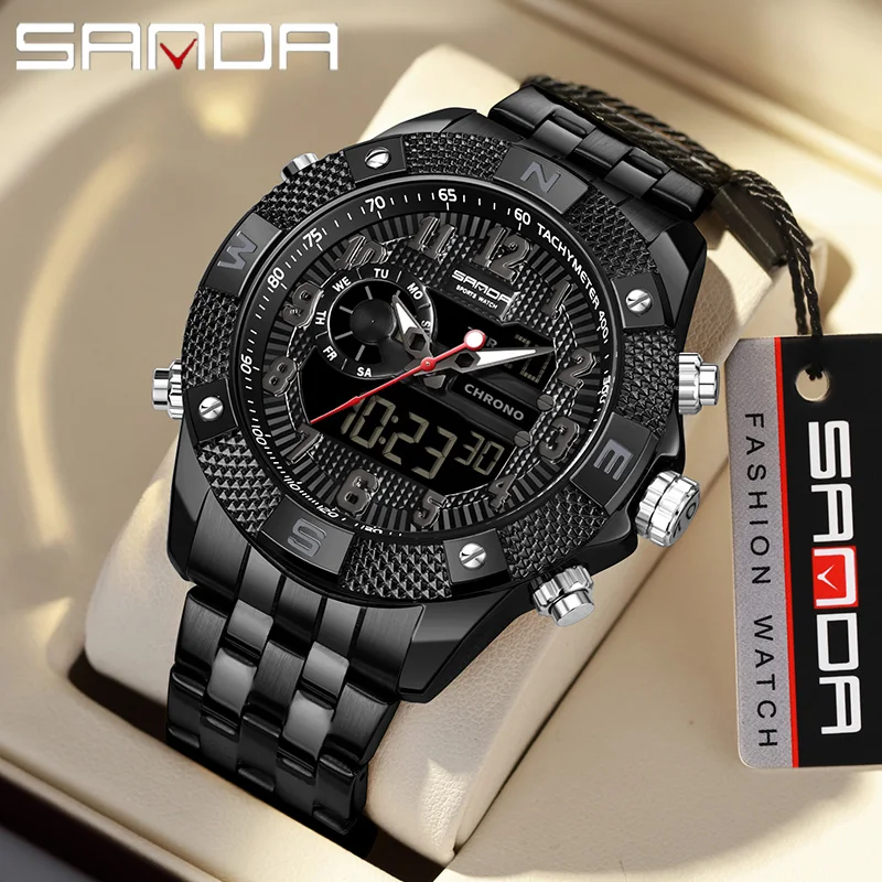 

SANDA Top Men Quartz Watch Military Sport Waterproof Wristwatch LED Digital Clock Stainless Steel Quartz Watches Men Relogios