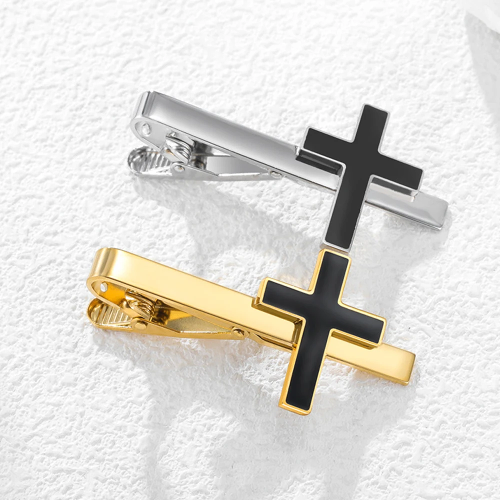 Men's Cross Tie Clip Black Enamel Stainless Steel Tie Bar for Business Suit Religious Christian Necktie Clip Jewelry Faith Gift
