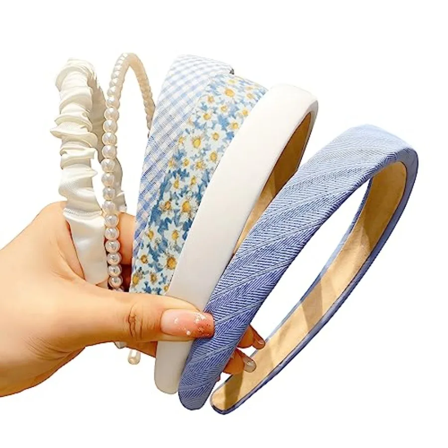 

Fashion Headbands Set, 6pcs Pearl Floral Padded Wide Vintage Headbands for Women and Girls Blue