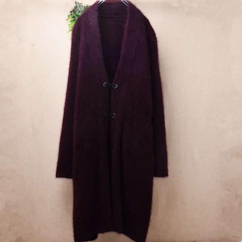 

Ladies Women Autumn Winter Clothing Fashion Hairy Angora Rabbit Hair Knitted Long Sleeves V-Neck Loose Cardigans Sweater Jacket