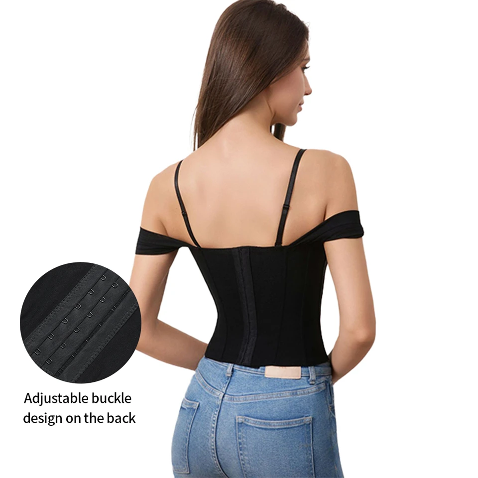 Becirzet Damen Schwarzes Korsett, Drahtloser BH, Sexy Off-Shoulder-Top, Vintage-Fischgrätenmuster, Taillenbetonendes Tanktop – Detail 5