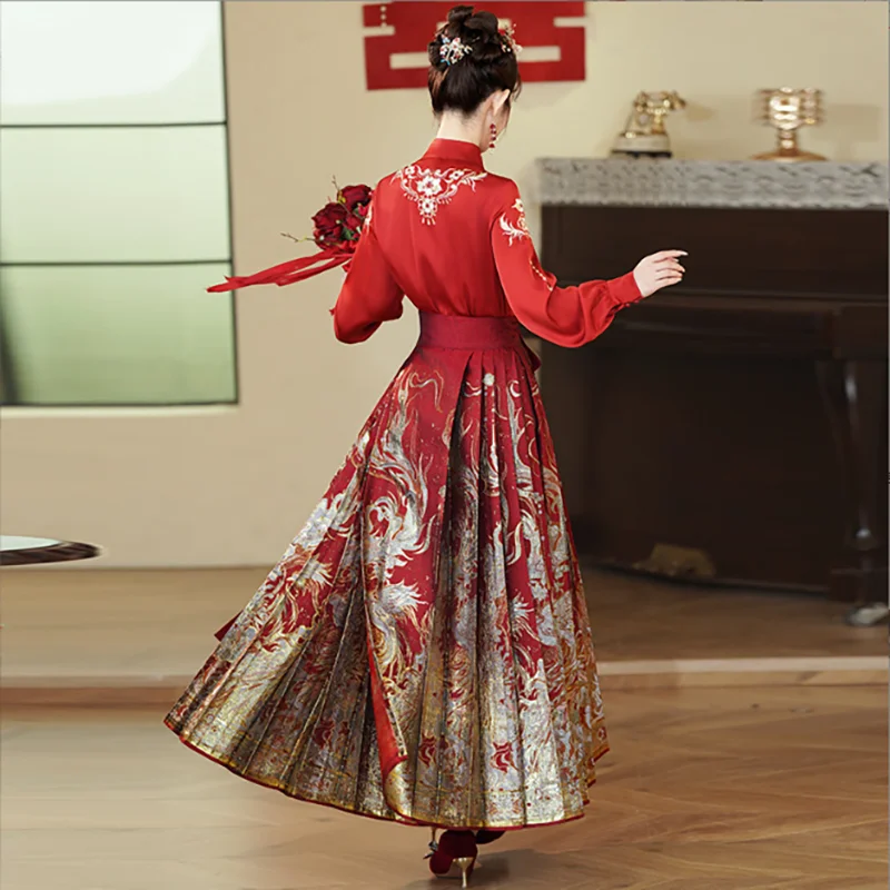 Improved Hanfu Horse Face Skirt Women Chinese Hanfu Horse Face Skirt Red Beige Shirt Woven Gold Fabric Pleated skirt Plus Size