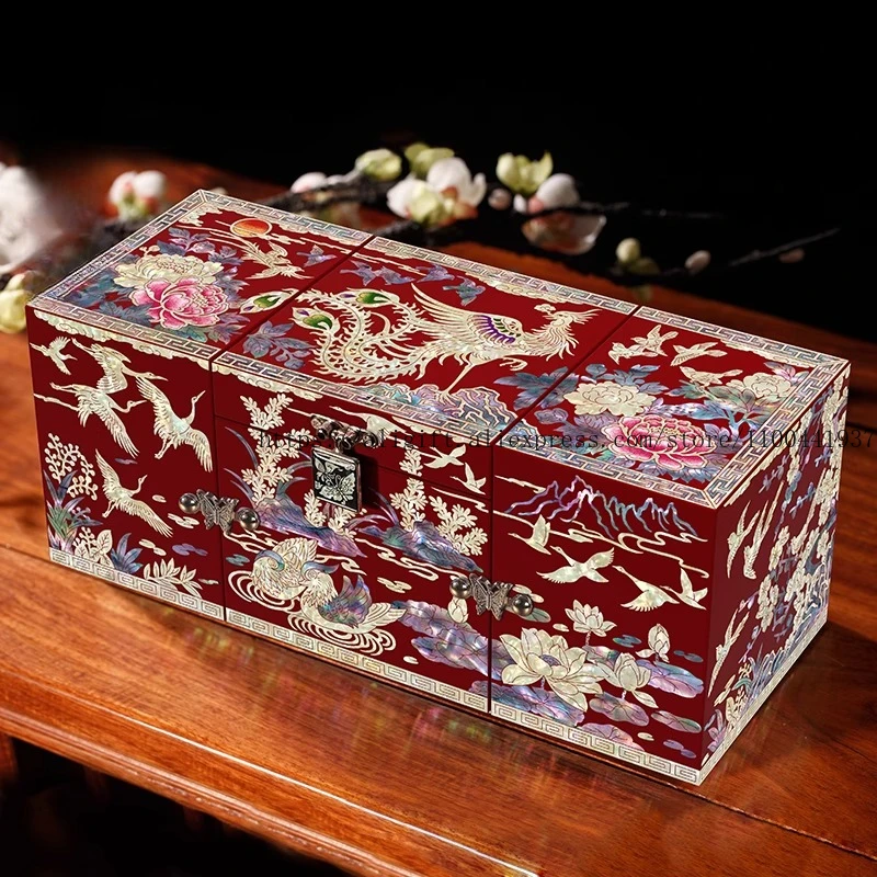 

Phoenix Coronet Mother-of-Pearl Jewelry Box Chinese Wedding Dowry Gift Set with Bird Phoenix Motif Makeup Organizer