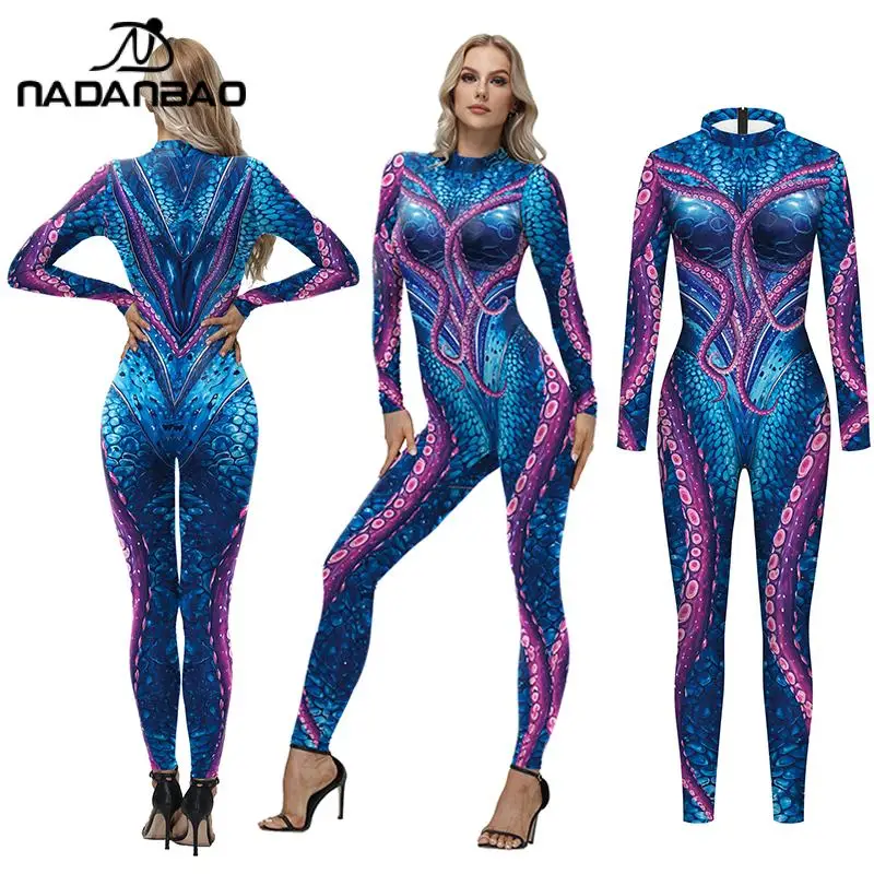 

Nadanbao Fashion Fish Scale Print Jumpsuit Long Sleeves Bodysuit for Women Sexy Elastic Zentai Halloween Siren Cosplay Costume