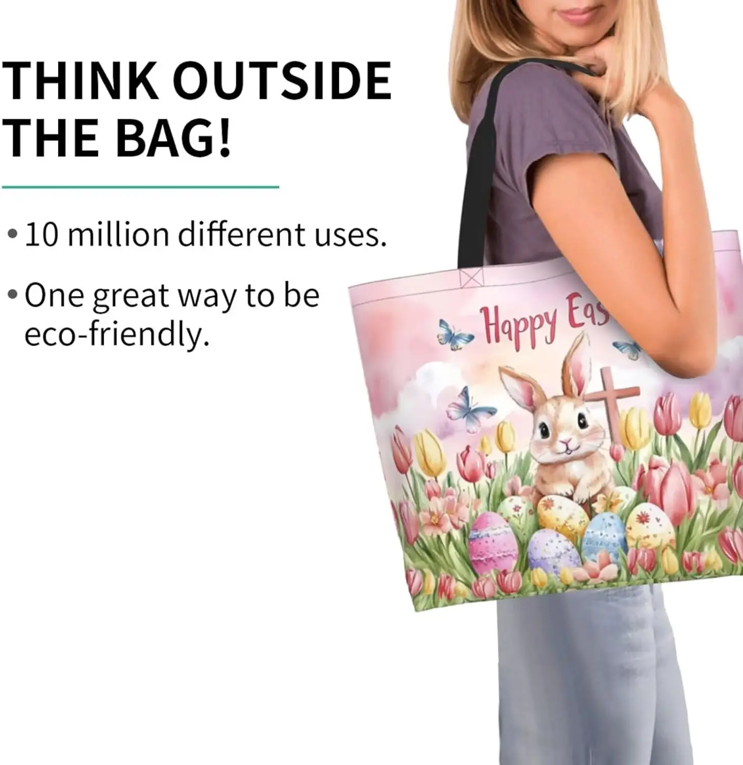 Happy Easter Tote Bag with Handles Large Happy Easter Reusable Bags Gift Bunny Egg Hunt Bags